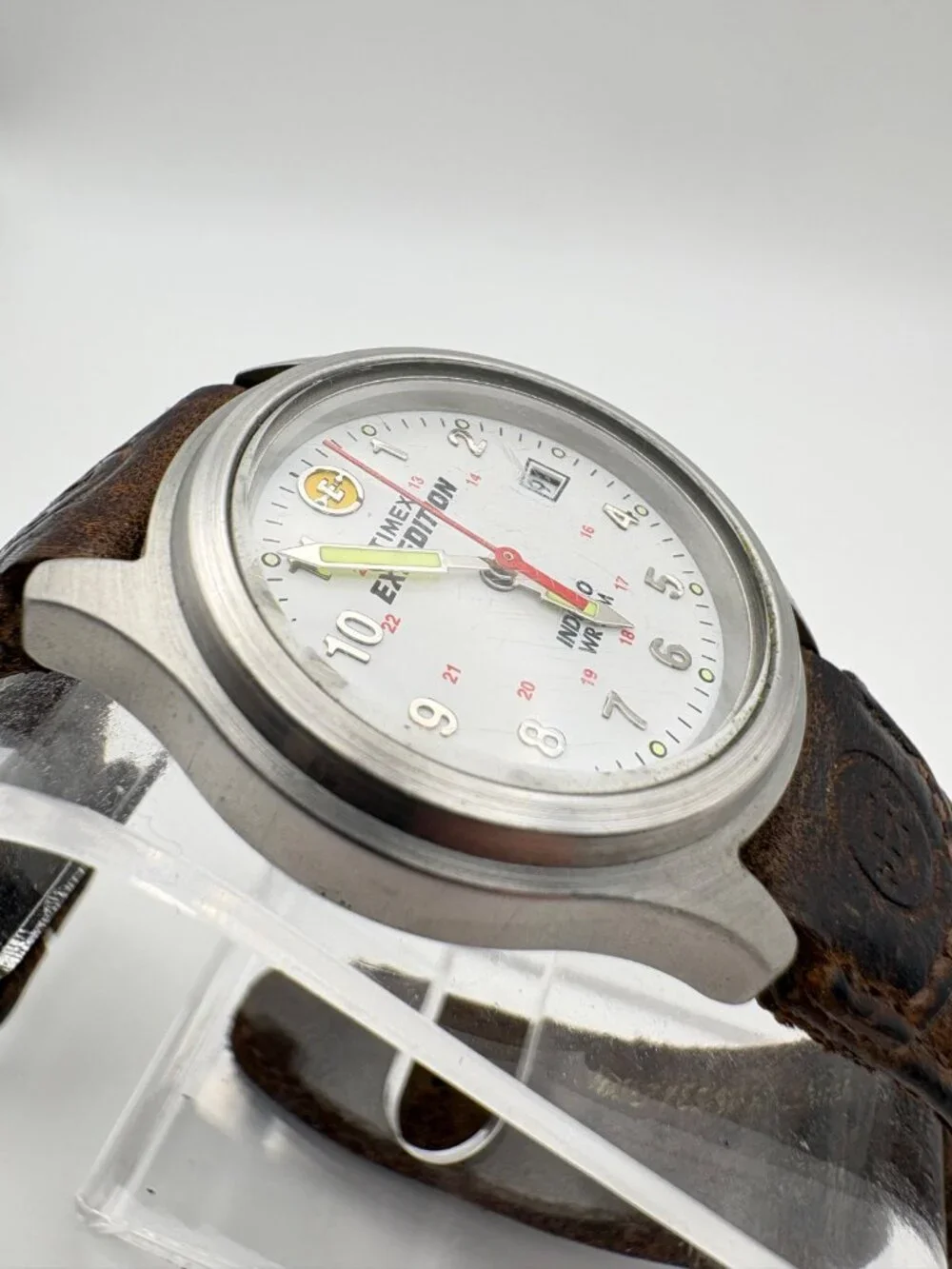 Timex Expedition Indiglo Mens Watch White Dial Leather Strap WR 50M Date Working